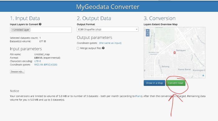 klik Convert now untuk memulai proses dari KMZ ke SHP