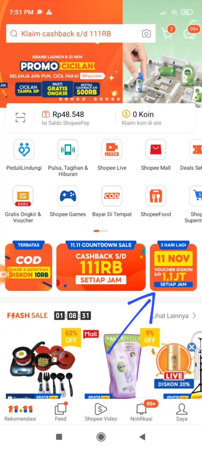 Buka aplikasi Shopee dan klik banner promo 11.11