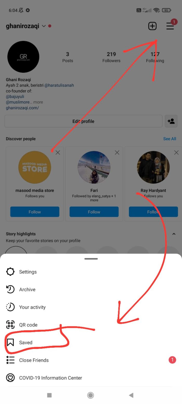 profil Instagram, klik Saved