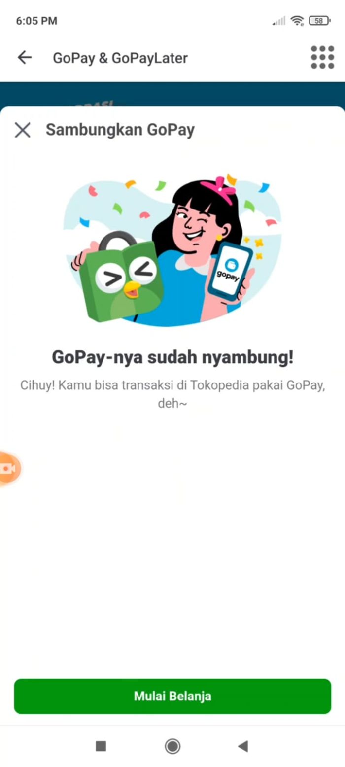 Gopay sudah berhasil diaktifkan di Tokopedia