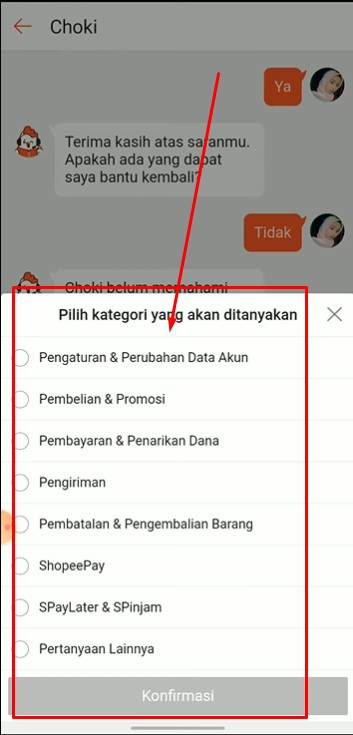 Pilih kategori yang akan di tanyakan di Shopee