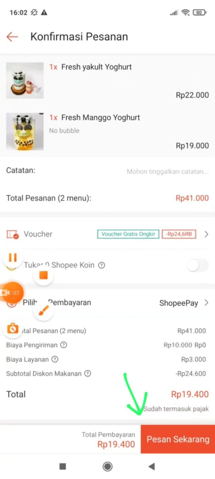 Pilih pembayaran Shopeepay dan klik pesan sekarang 