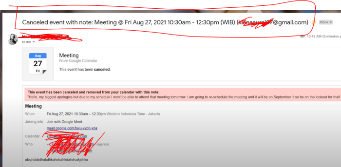 contoh email pembatalan acara di Google Calendar