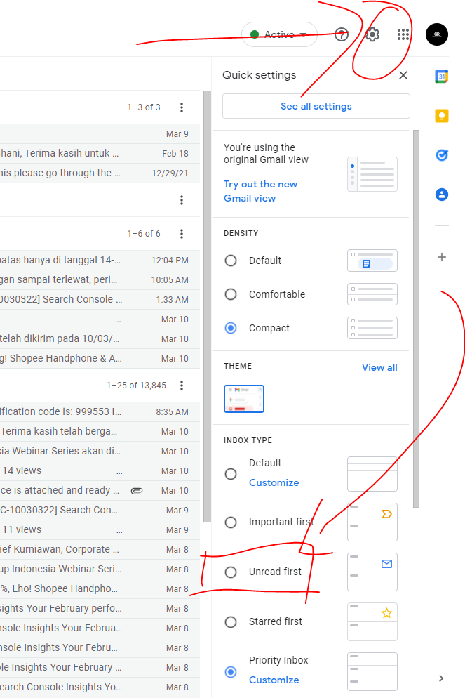 Settingan Gmail menampilkan yang belum dibaca lebih dulu