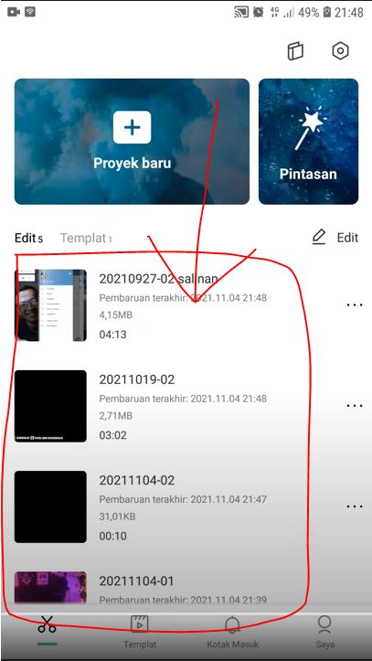 pilih projek anda di aplikasi capcut