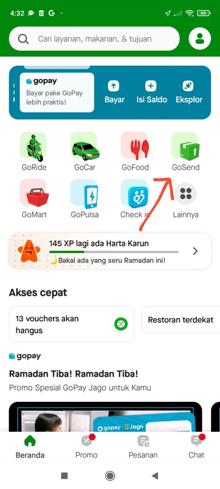 Buka aplikasi Gojek dan pilih menu Gosend