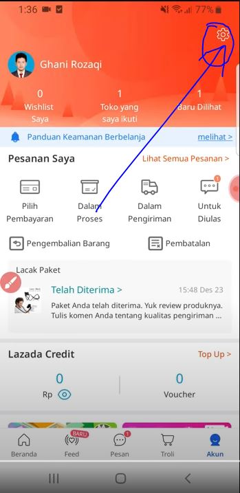 pilih pengaturan di menu akun lazada