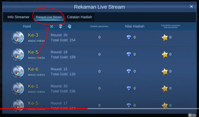 Klik menu riwayat livestream