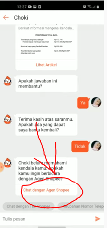 Opsi chat Agent Shopee