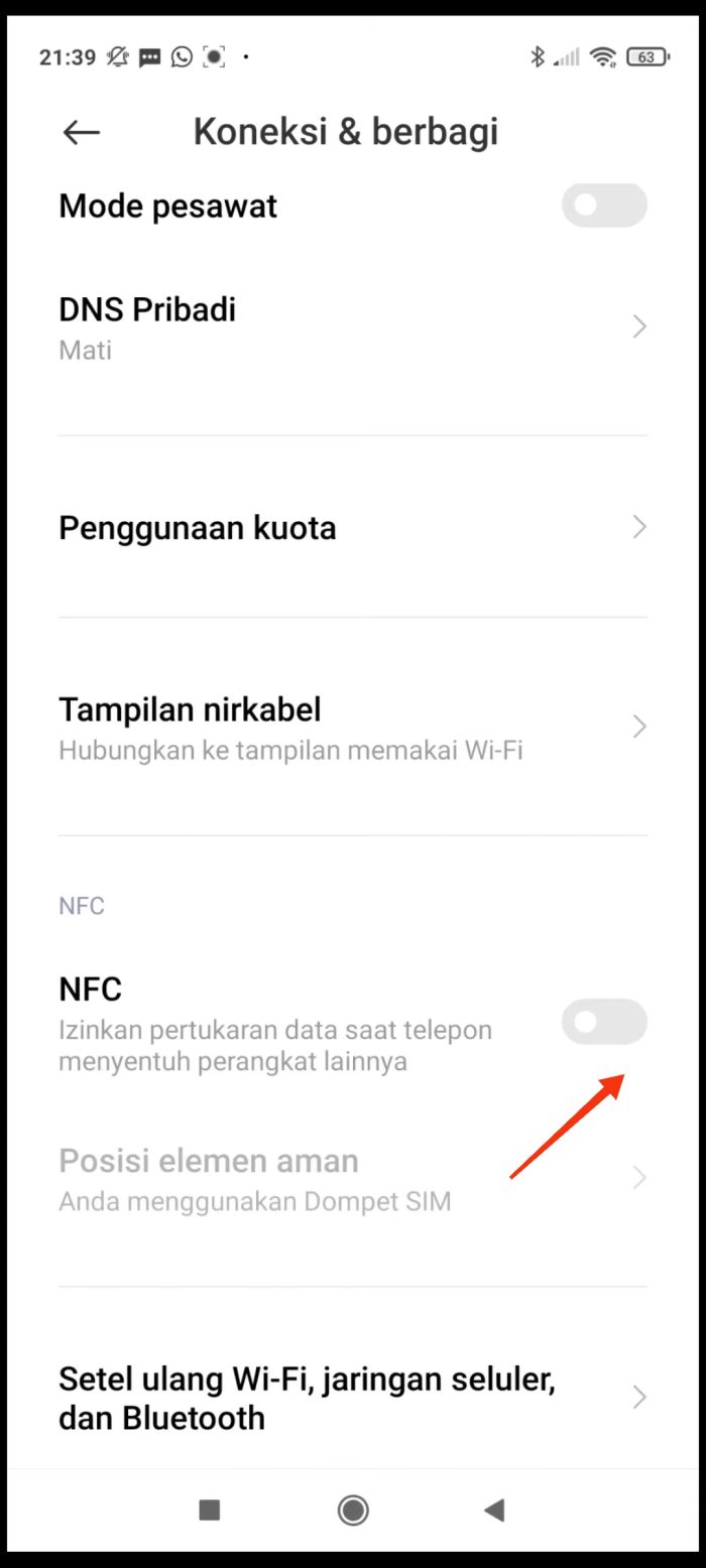 Cari NFC dan geser tombol untuk mengaktifkan fiturnya