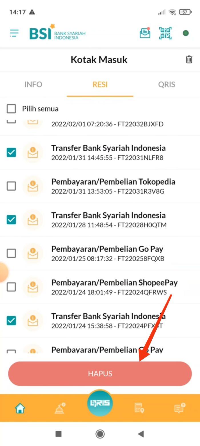 Pilih hapus resi transaksi BSI Mobile Banking