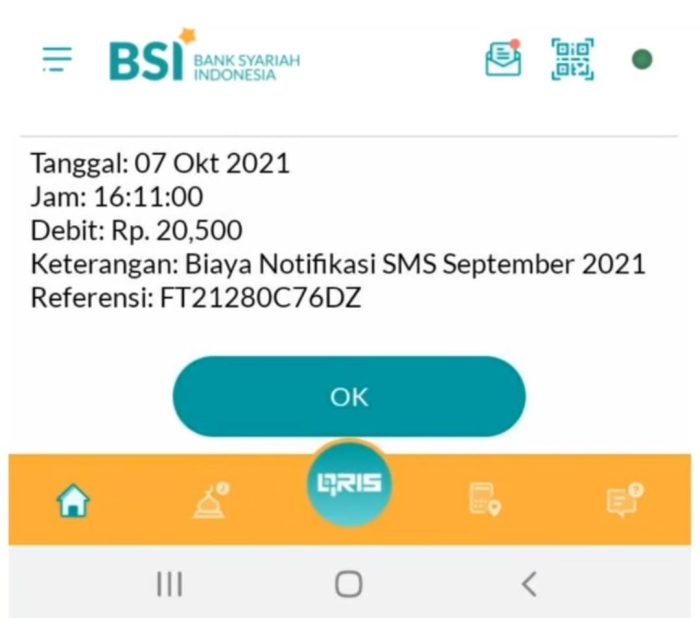 Tagihan notifikasi SMS Banking BSI per bulan