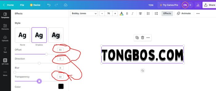 Atur offset, direction dan transparency