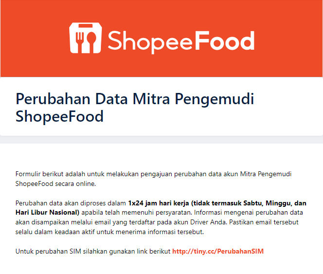 Formulir perubahan data Shopeefood